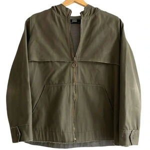Zara Army Green Hooded Full Zip Utility Jacket Womens size S Raw hems